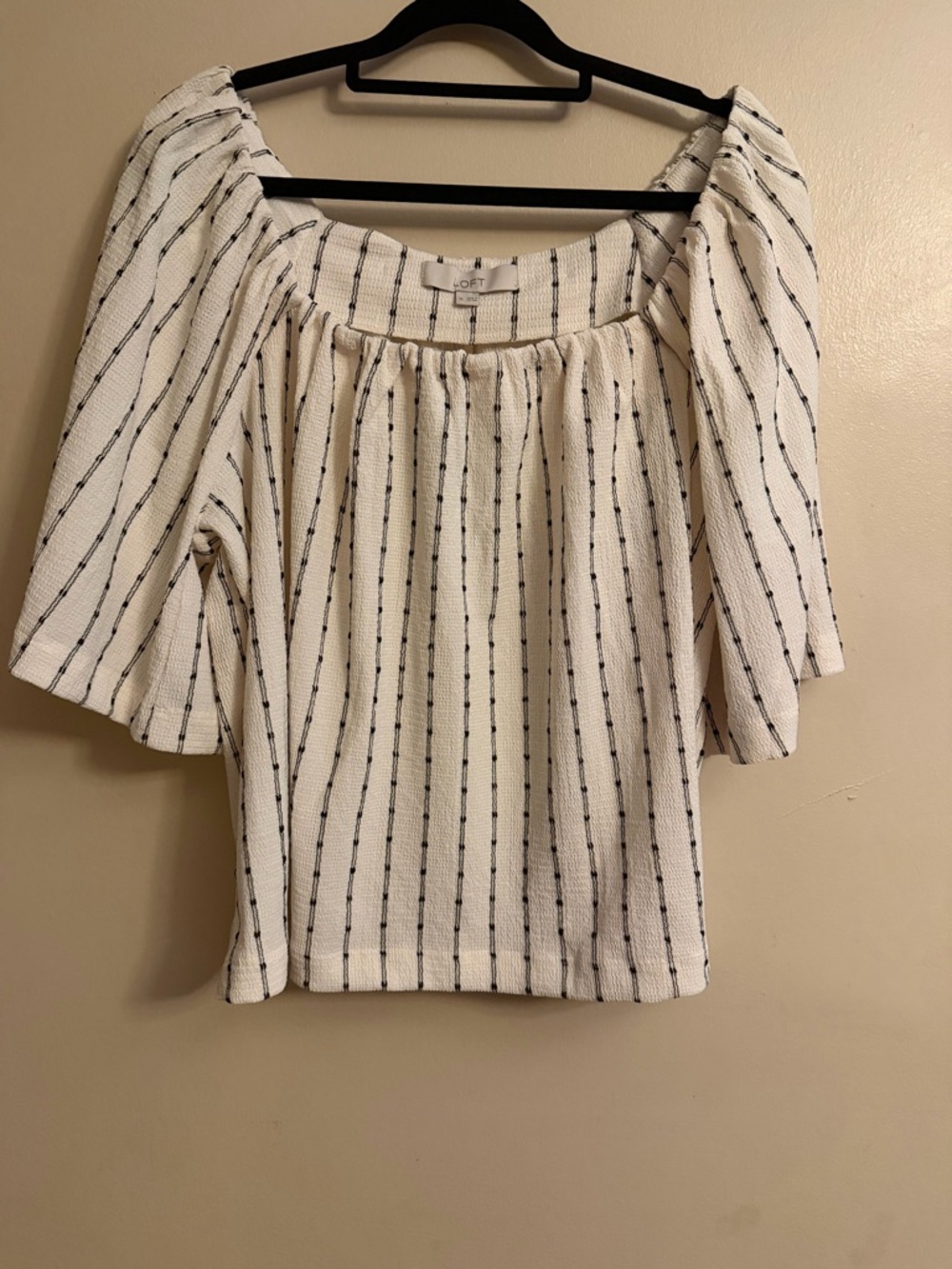 LOFT Cream and Black Striped Off-Shoulder Peasant Blouse